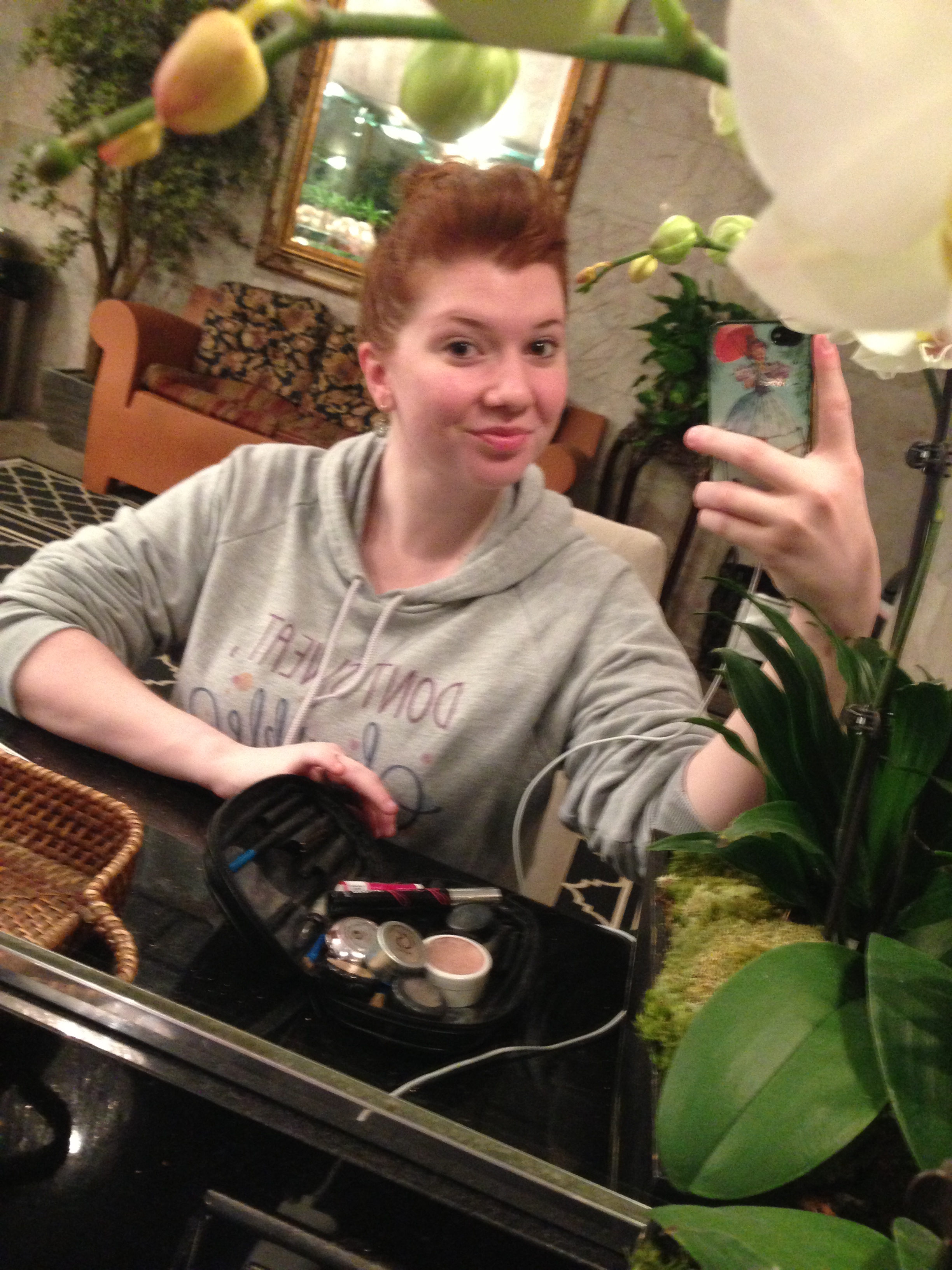 A makeupless me in the mirror in the primping parlour after my treatment. Beverly Hot Springs provides hair styling tools, q-tips, products and all kinds of fun complimentary goodies!