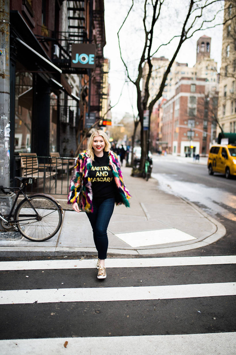 Living Colorfully: Multicolored Faux Fur Coat + Glitter Sneaks